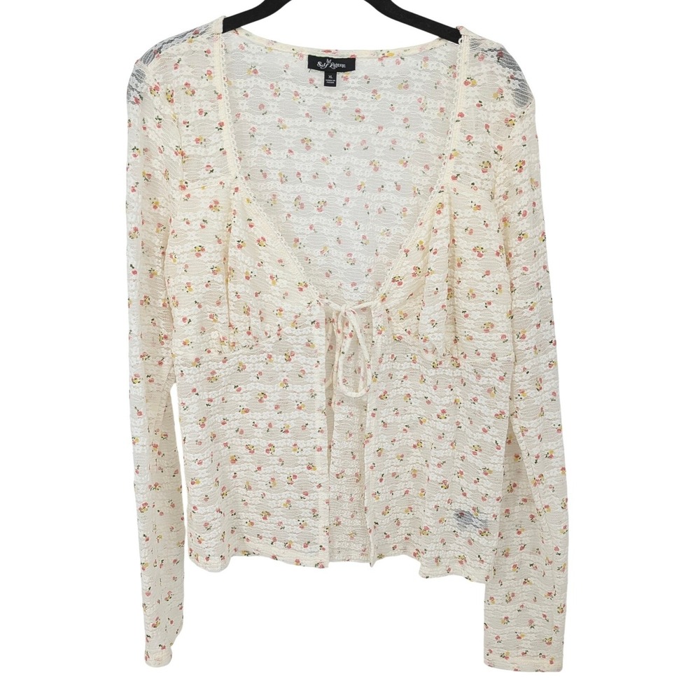 Cottagecore Romantic Lace Top XL Cream Floral Long Sleeve Tie Front Cardigan